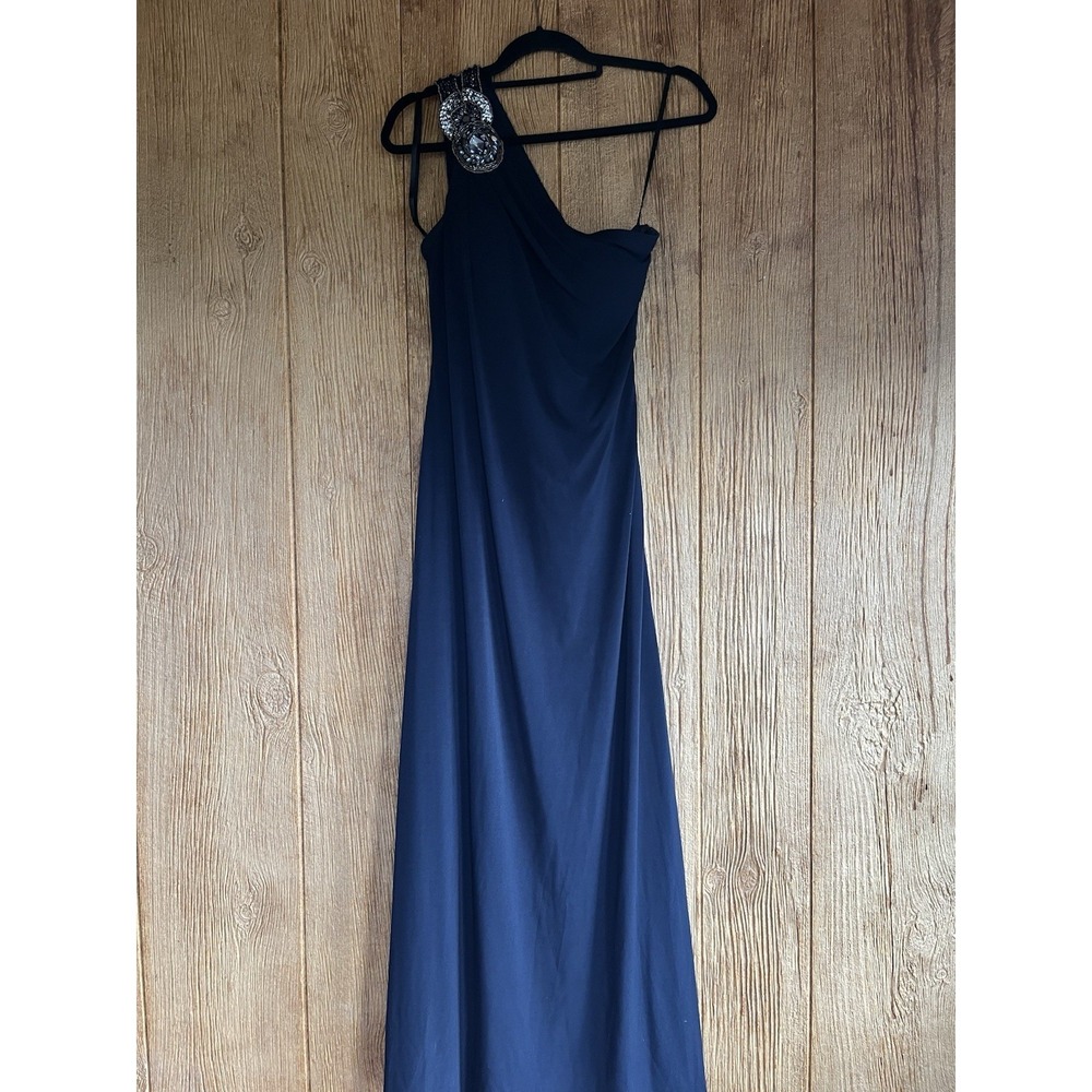 Jackie Jon Navy One Shoulder Beaded Sequin Chiffon Maxi Dress Formal Size 8